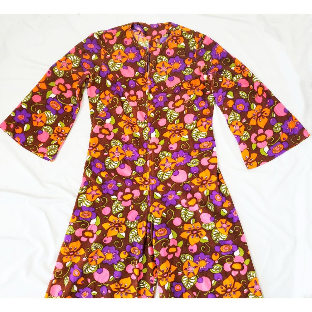 Vintage 60s 70s Womens Rare Psychedelic Floral Print Velour Jumpsuit Loungewear - Picture 4 of 13